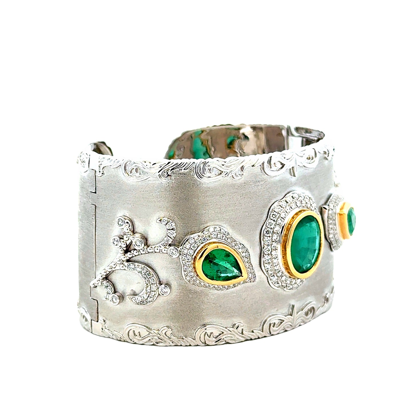 18k White Gold GIA Certified 6.72ct in Three Natural Emeralds and 1.98ctw Round Diamonds Hinged Cuff Bangle… — photo 12 of 12