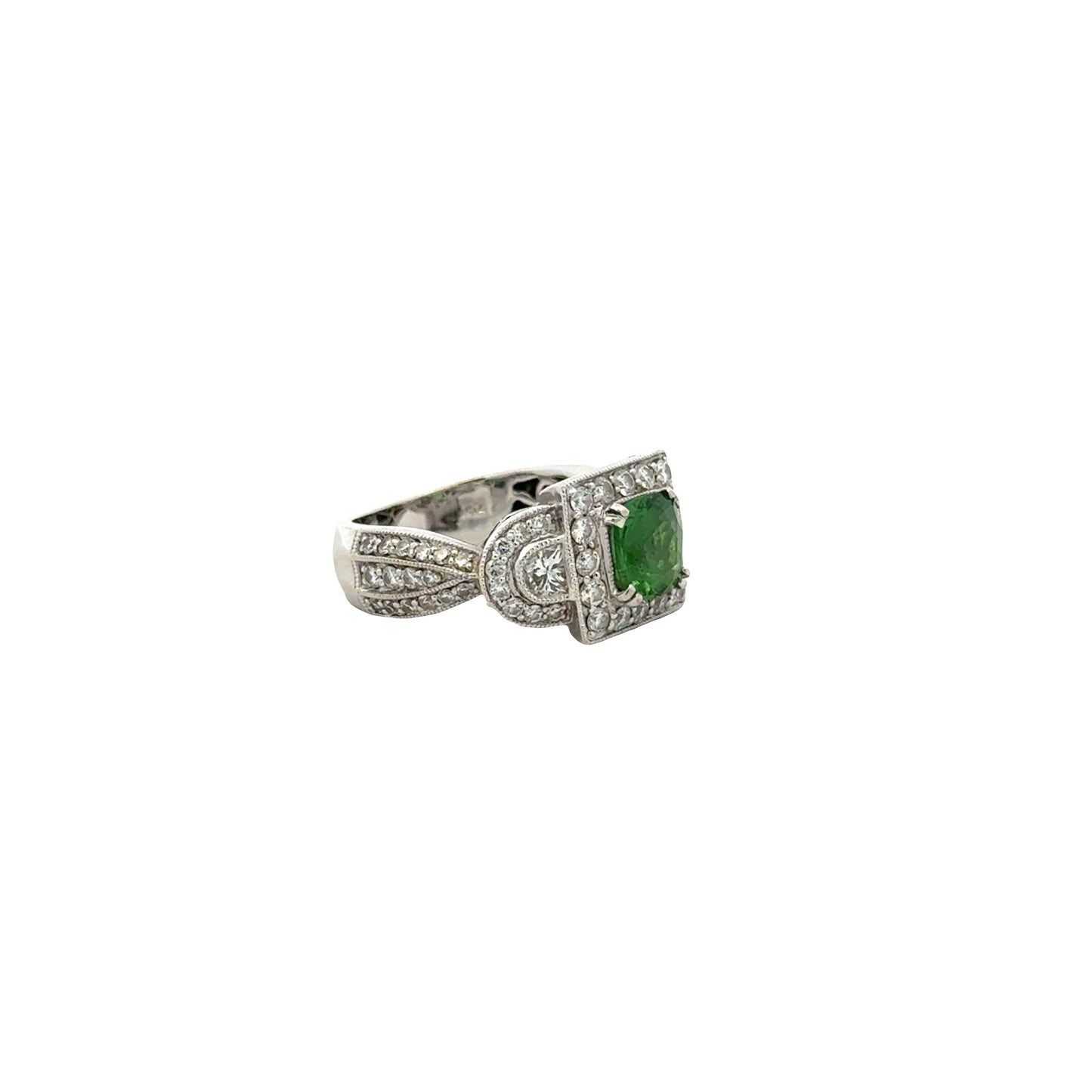 18k White Gold Green Gemstone Square Diamond Halo Cocktail Ring — photo 13 of 14