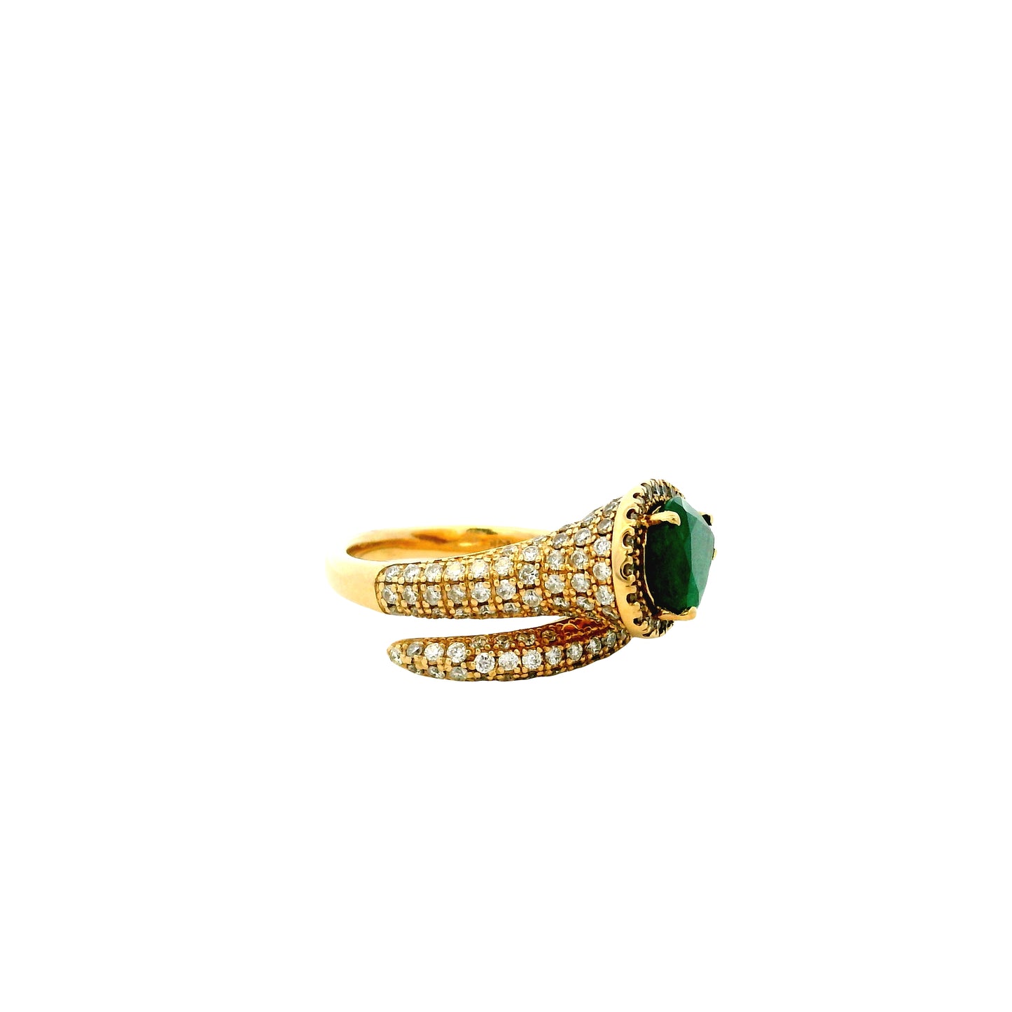 14k Yellow Gold 1.23ct Pear Cut Natural Emerald and 1.15ctw Diamond Halo Pavé Crossover Ring — photo 13 of 15