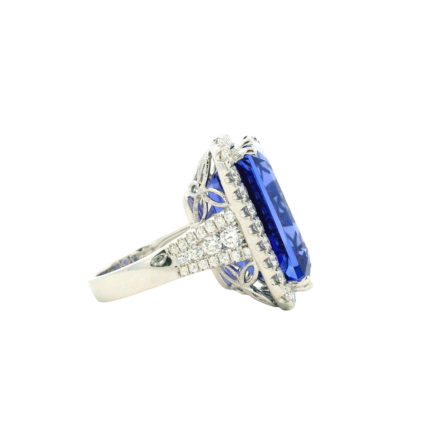 18k White Gold 34.72ct Emerald Cut Tanzanite and 2.26ctw Diamond Halo Cocktail Ring — photo 13 of 15