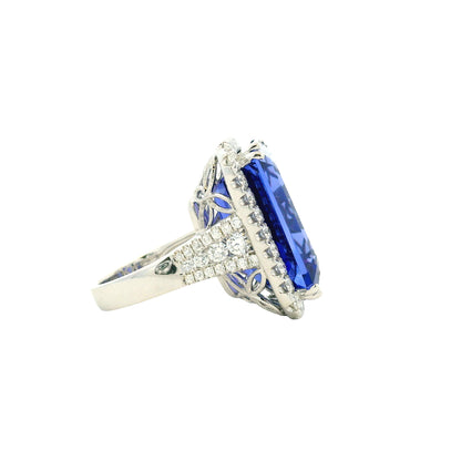 18k White Gold 34.72ct Emerald Cut Tanzanite and 2.26ctw Diamond Halo Cocktail Ring — photo 13 of 15