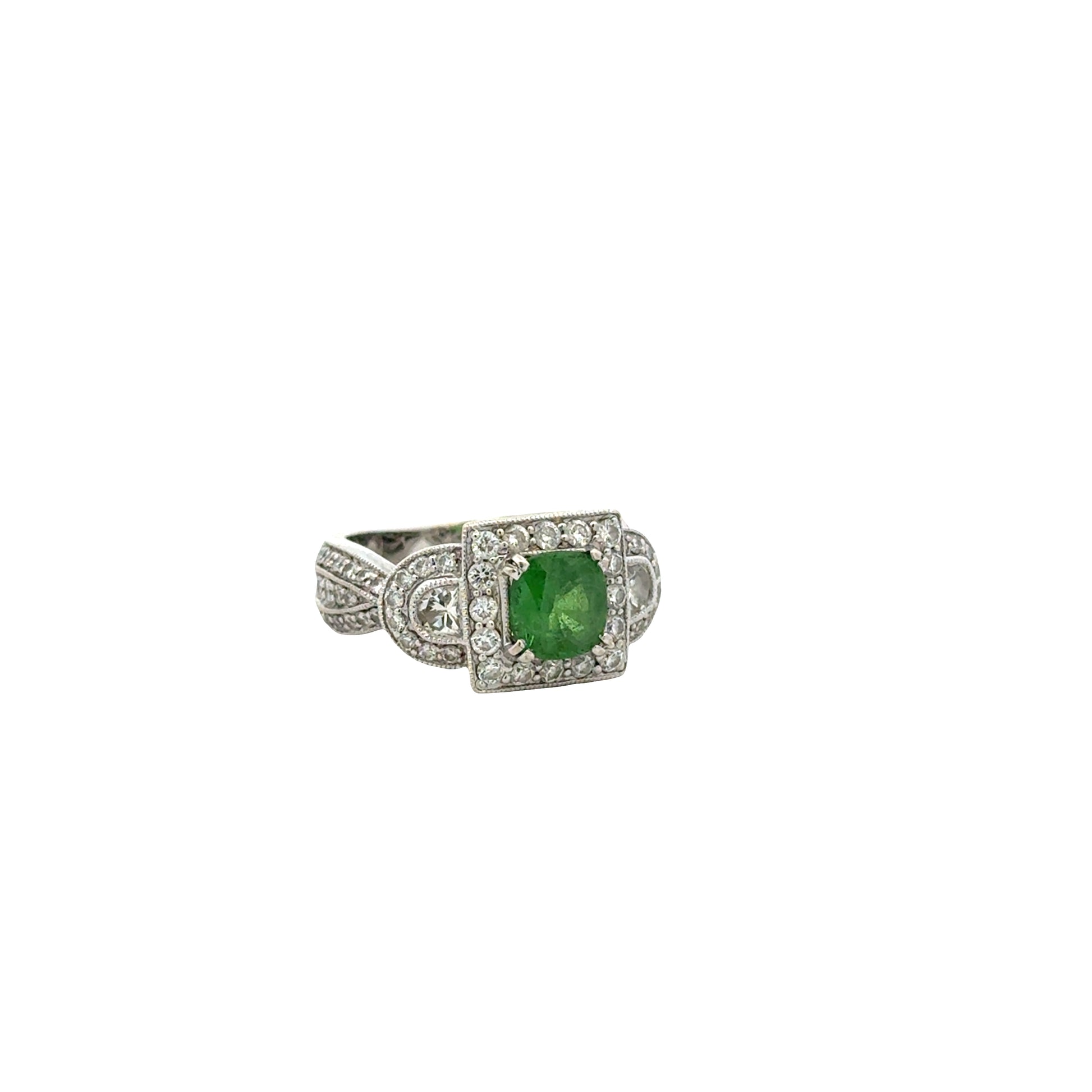 18k White Gold Green Gemstone Square Diamond Halo Cocktail Ring — photo 14 of 14
