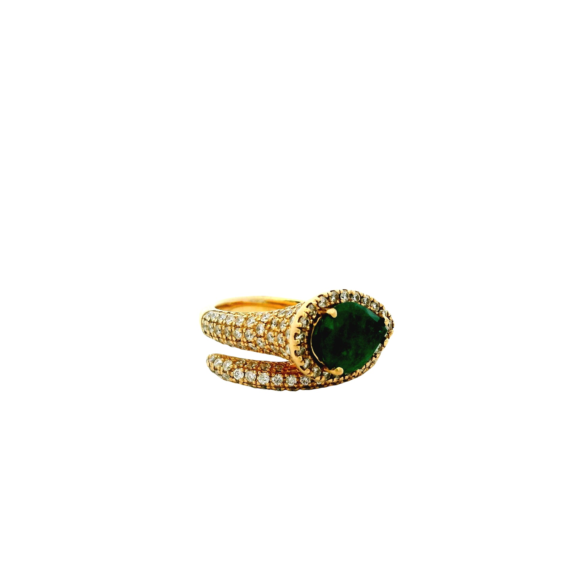 14k Yellow Gold 1.23ct Pear Cut Natural Emerald and 1.15ctw Diamond Halo Pavé Crossover Ring — photo 14 of 15