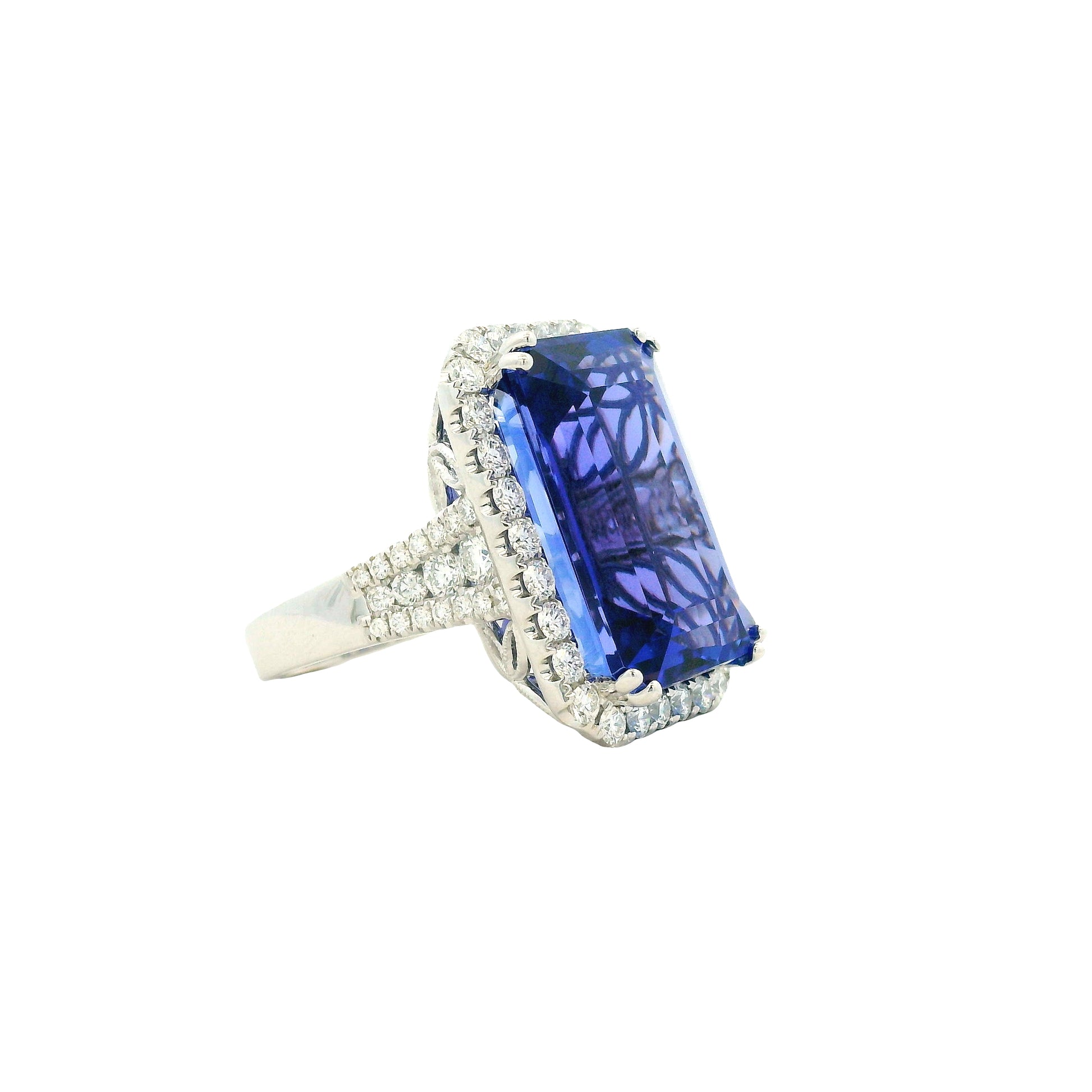 18k White Gold 34.72ct Emerald Cut Tanzanite and 2.26ctw Diamond Halo Cocktail Ring — photo 14 of 15