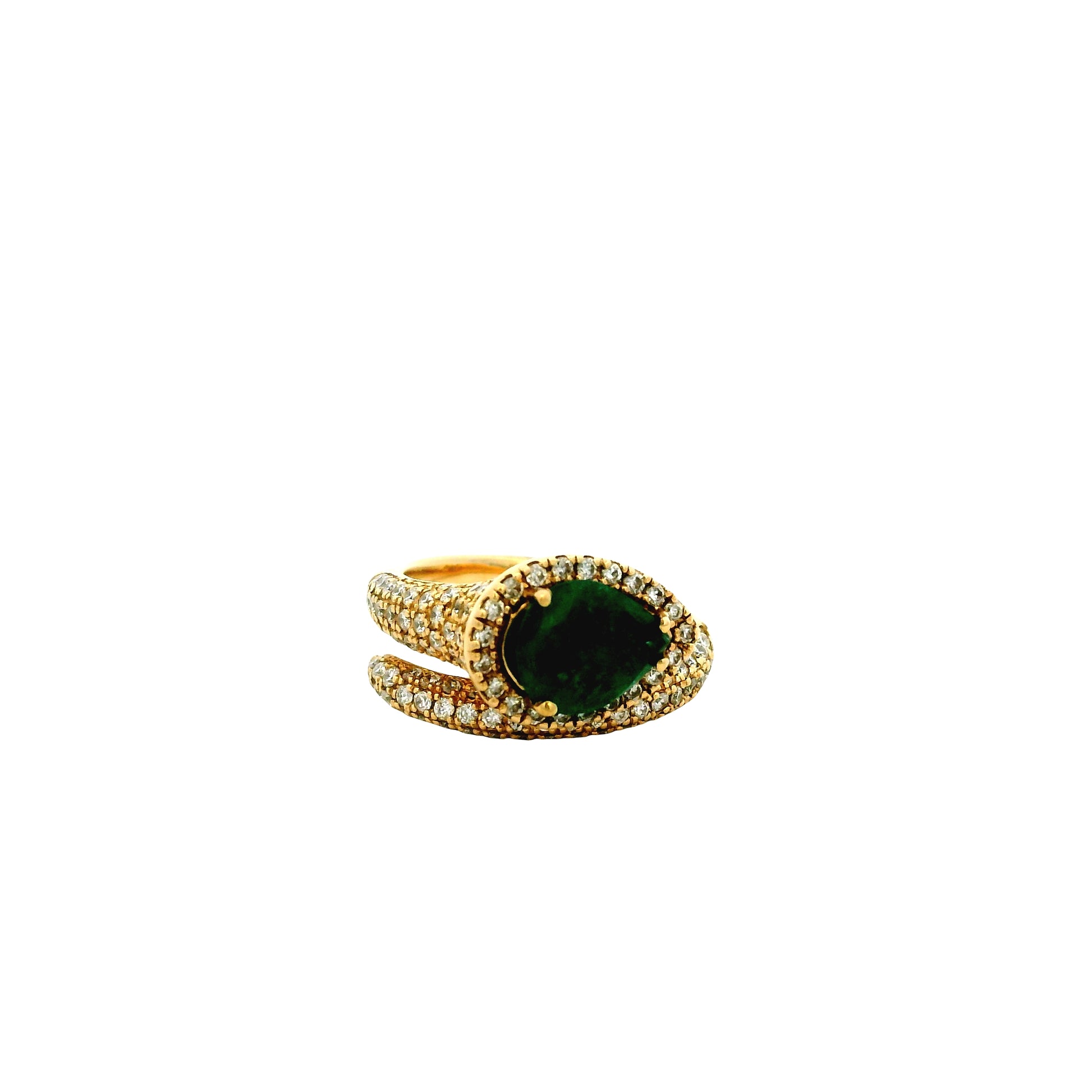 14k Yellow Gold 1.23ct Pear Cut Natural Emerald and 1.15ctw Diamond Halo Pavé Crossover Ring — photo 15 of 15