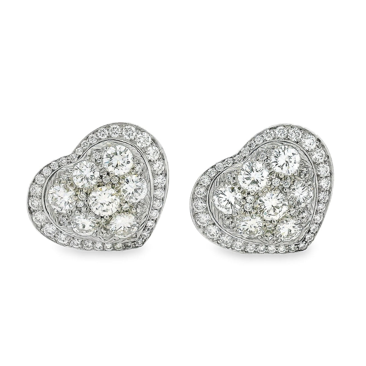 Platinum 8.00ctw Round Brilliant Diamond Heart Shape Cluster Earrings — front view, pair shown
