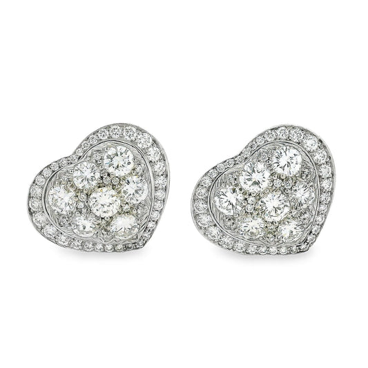 Platinum 8.00ctw Round Brilliant Diamond Heart Shape Cluster Earrings — front view, pair shown