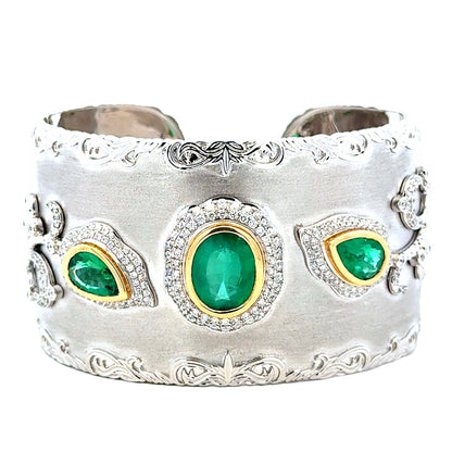 18k White Gold GIA Certified 6.72ct in Three Natural Emeralds and 1.98ctw Round Diamonds Hinged… — front view, clasp closed