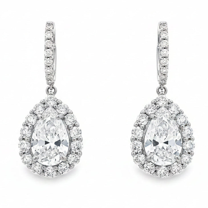 18k White Gold 5.95ctw Pear Cut Diamond Halo Dangle Earrings — front view, pair shown