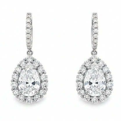 18k White Gold 5.95ctw Pear Cut Diamond Halo Dangle Earrings — front view, pair shown