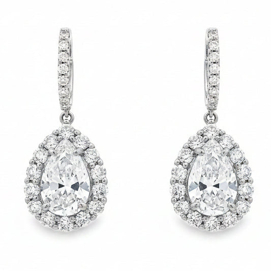 18k White Gold 5.95ctw Pear Cut Diamond Halo Dangle Earrings — front view, pair shown