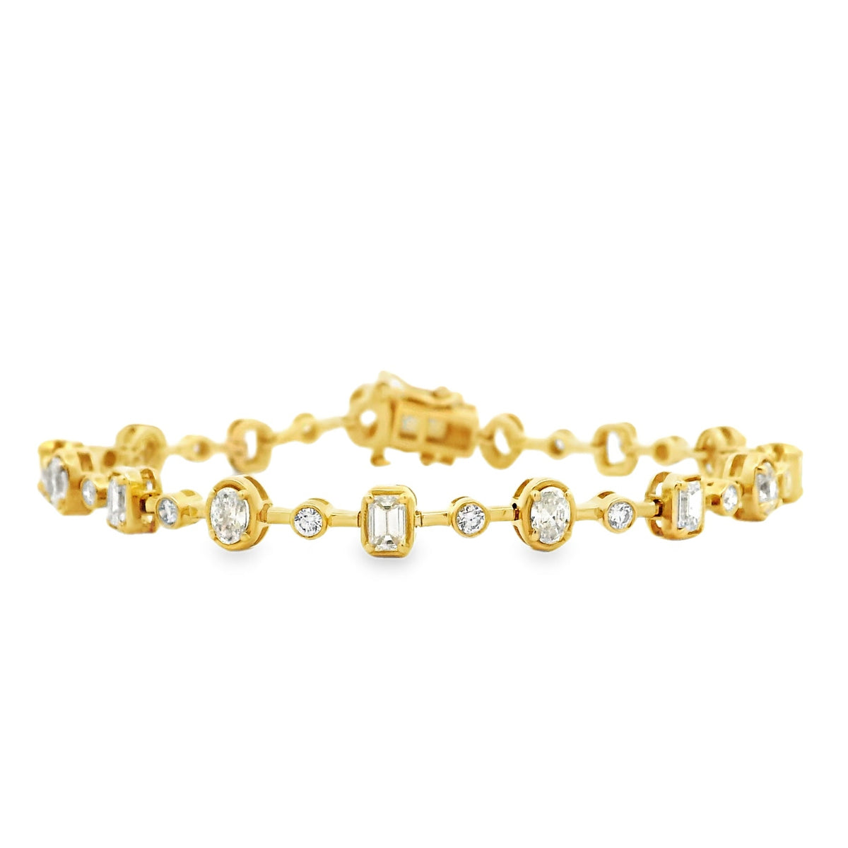 14k Yellow Gold 3.58ctw Mixed Cut Diamond Tennis Bracelet — front view, clasp closed