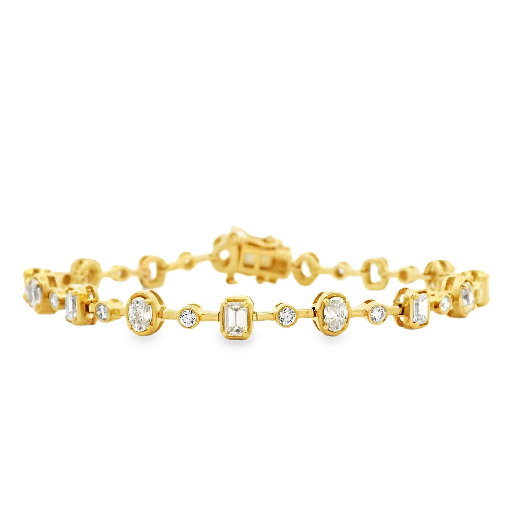 14k Yellow Gold 3.58ctw Mixed Cut Diamond Tennis Bracelet — front view, clasp closed