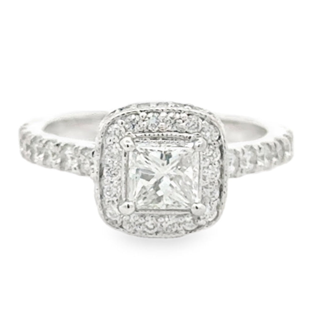 18k White Gold 0.72ct Princess Cut Diamond Halo Engagement Ring — top-down view