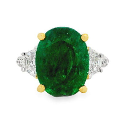 18k Two-Tone Gold 8.00ct Oval Cut Natural Emerald and 0.38ctw Diamond Ring — top-down view