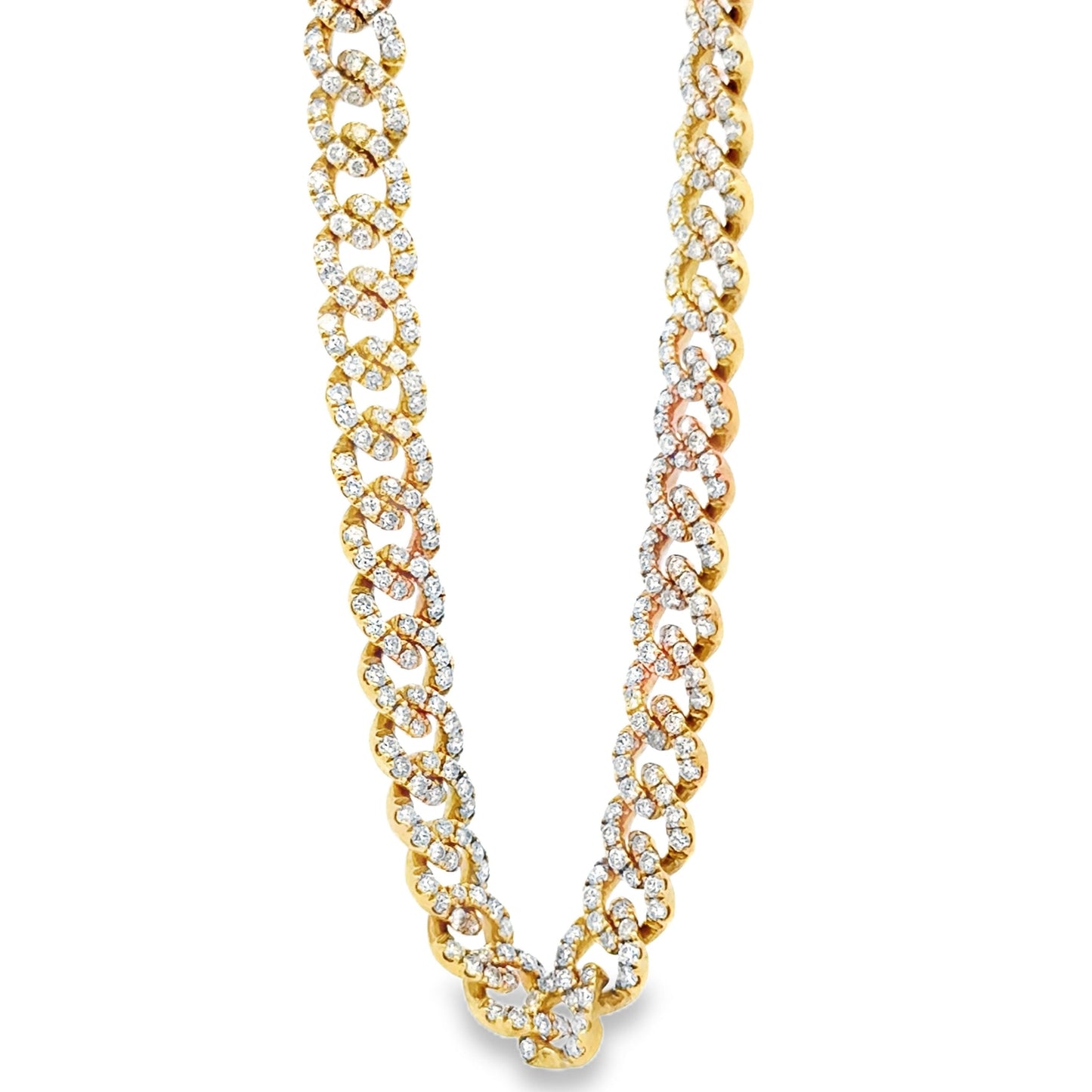 18k Yellow Gold 8.25ctw Pavé Diamond Cuban Link Chain Necklace 16" — front view