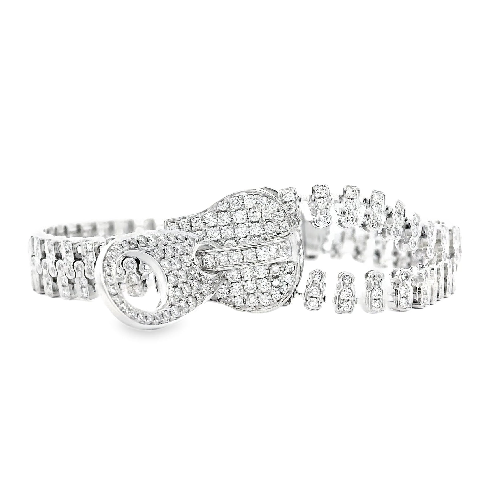 18k White Gold 4.01ctw Round Brilliant Diamond Zipper Bracelet — front view, clasp closed