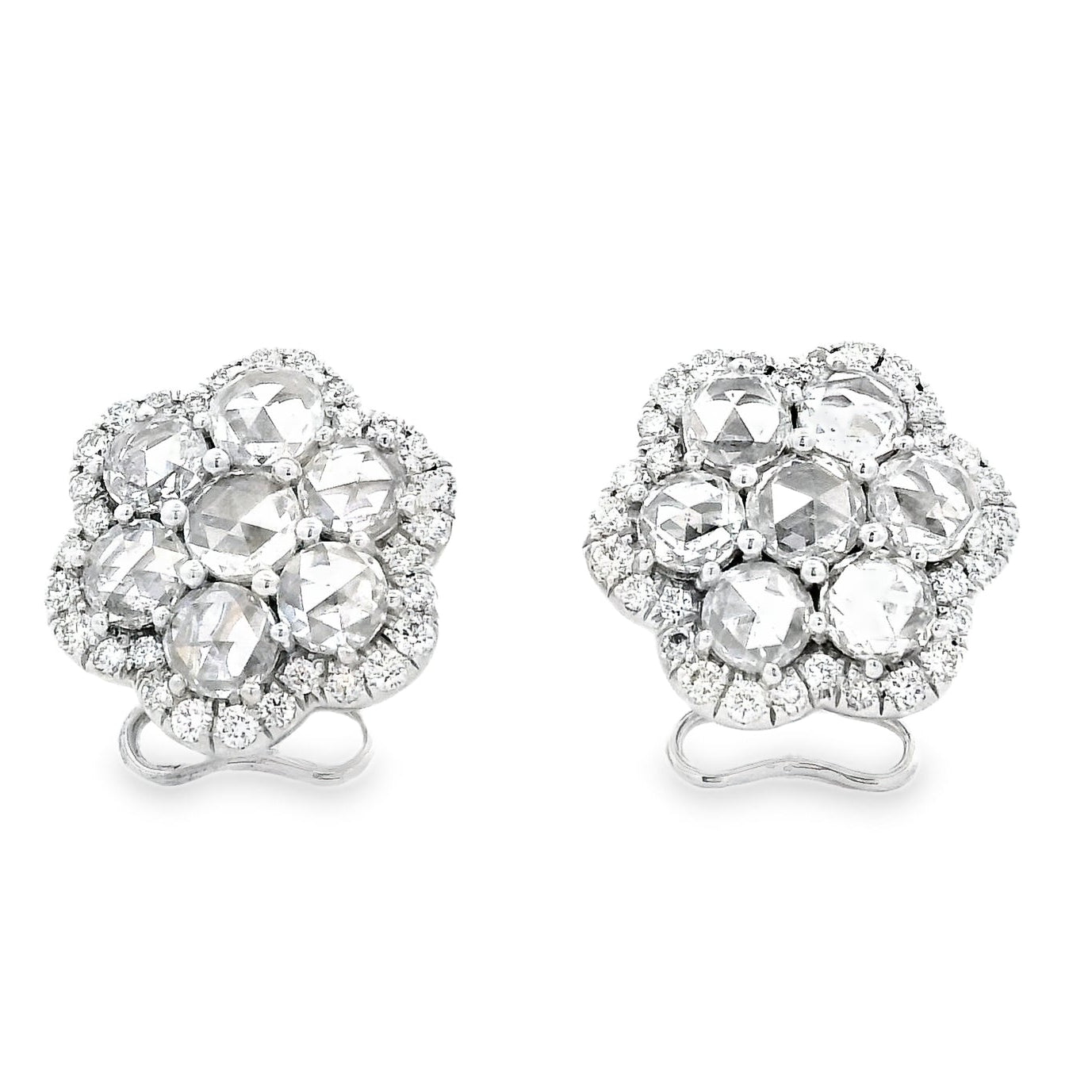 14k White Gold 3.60ctw Old Cut Natural Diamond Flower Cluster Button Earrings — front view, pair shown