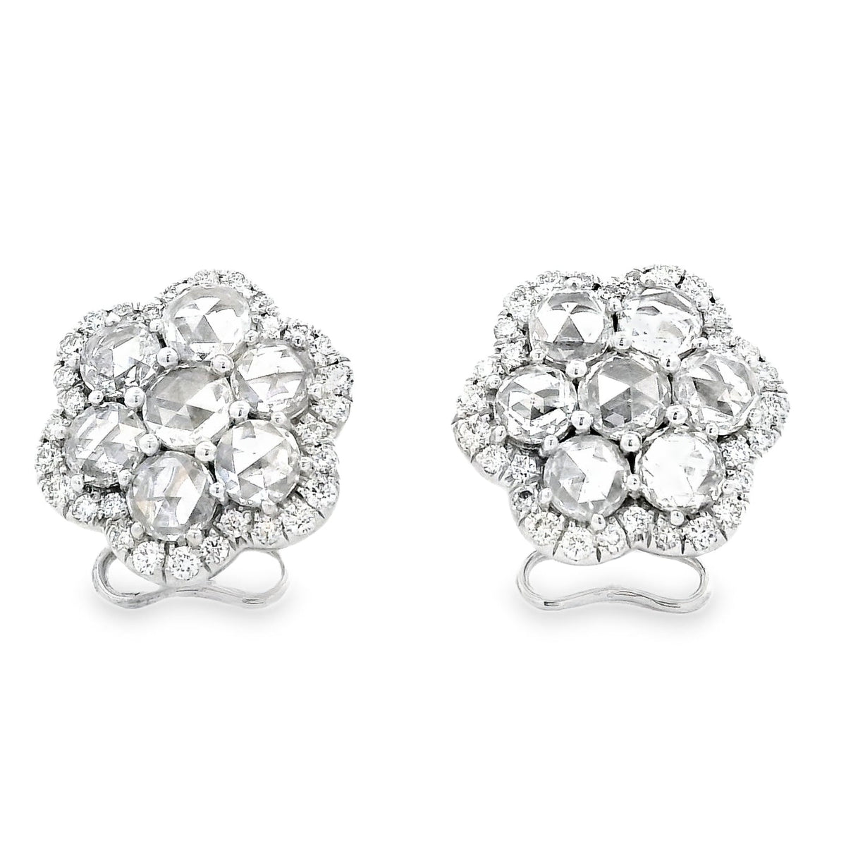 14k White Gold 3.60ctw Old Cut Natural Diamond Flower Cluster Button Earrings — front view, pair shown