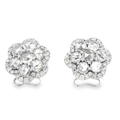 14k White Gold 3.60ctw Old Cut Natural Diamond Flower Cluster Button Earrings — front view, pair shown