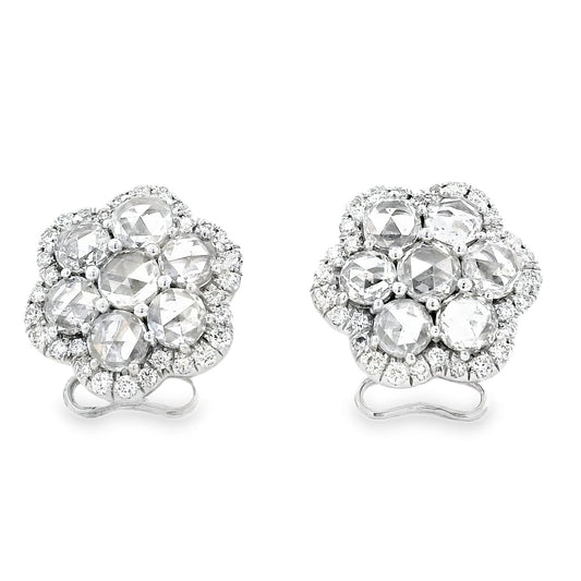 14k White Gold 3.60ctw Old Cut Natural Diamond Flower Cluster Button Earrings — front view, pair shown