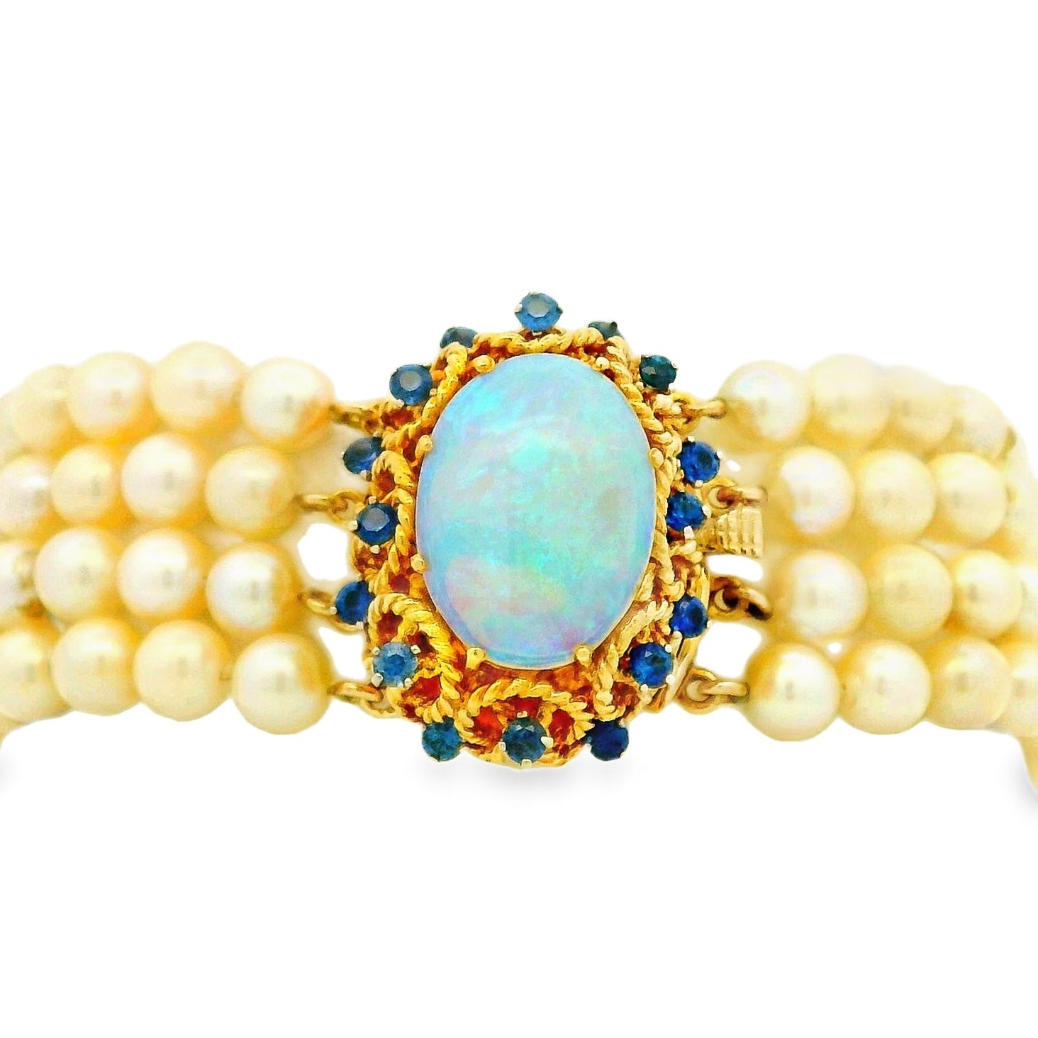 14k Yellow Gold 4-Strand Natural Pearl Bracelet with Opal and Natural Sapphire Cluster Centerpiece — top-down view