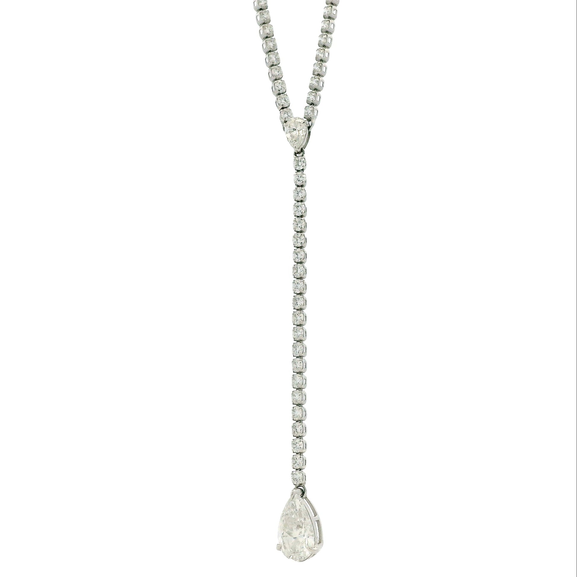 14k White Gold 7.209ctw Round Brilliant & Pear Lab Grown Diamond Tennis Necklace with Drop 18" — front view
