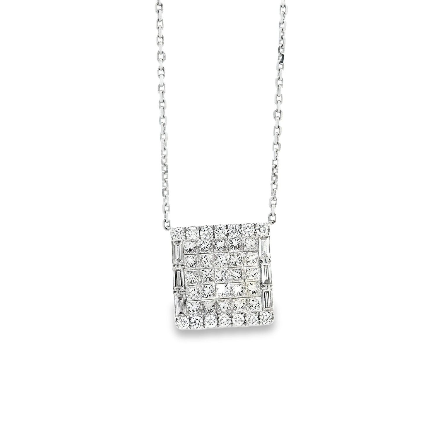 18k White Gold 4.00ctw Baguette & Princess Cut Diamond Invisible Set Pendant Necklace — front view