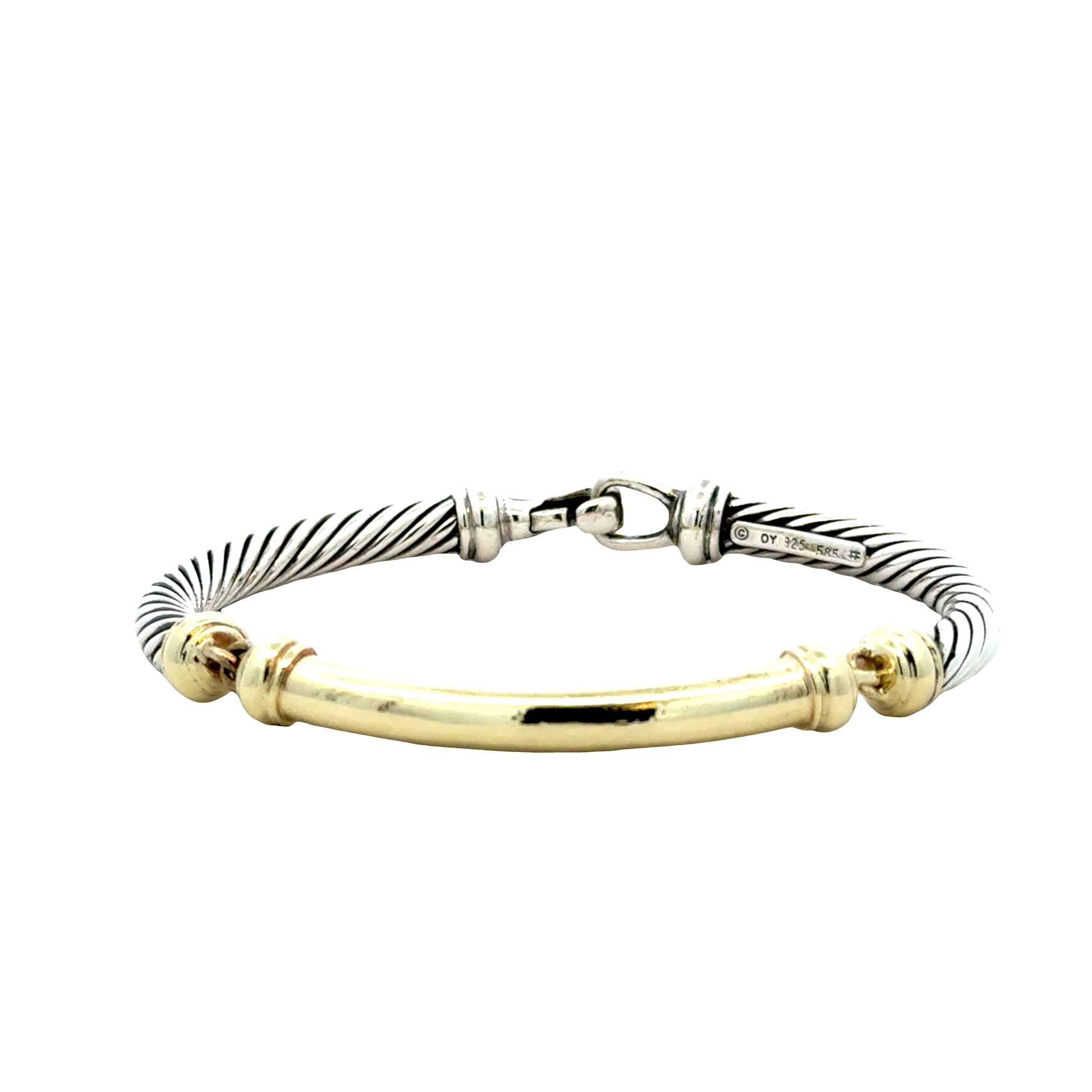 David Yurman 14k Yellow Gold and Sterling Silver Cable Bangle Bracelet — front view, clasp closed