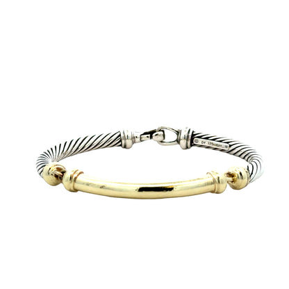 David Yurman 14k Yellow Gold and Sterling Silver Cable Bangle Bracelet — front view, clasp closed