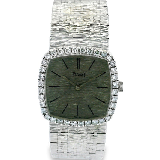 Piaget 9236 A6 18k White Gold Diamond Bezel 23mm Silver Dial Ladies Watch — front view