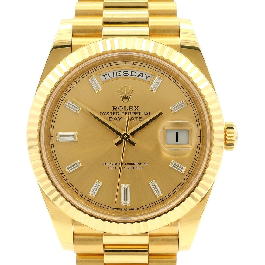 Rolex 228238 Day-Date 40mm Champagne Diamond Dial 18k Yellow Gold Watch — front view
