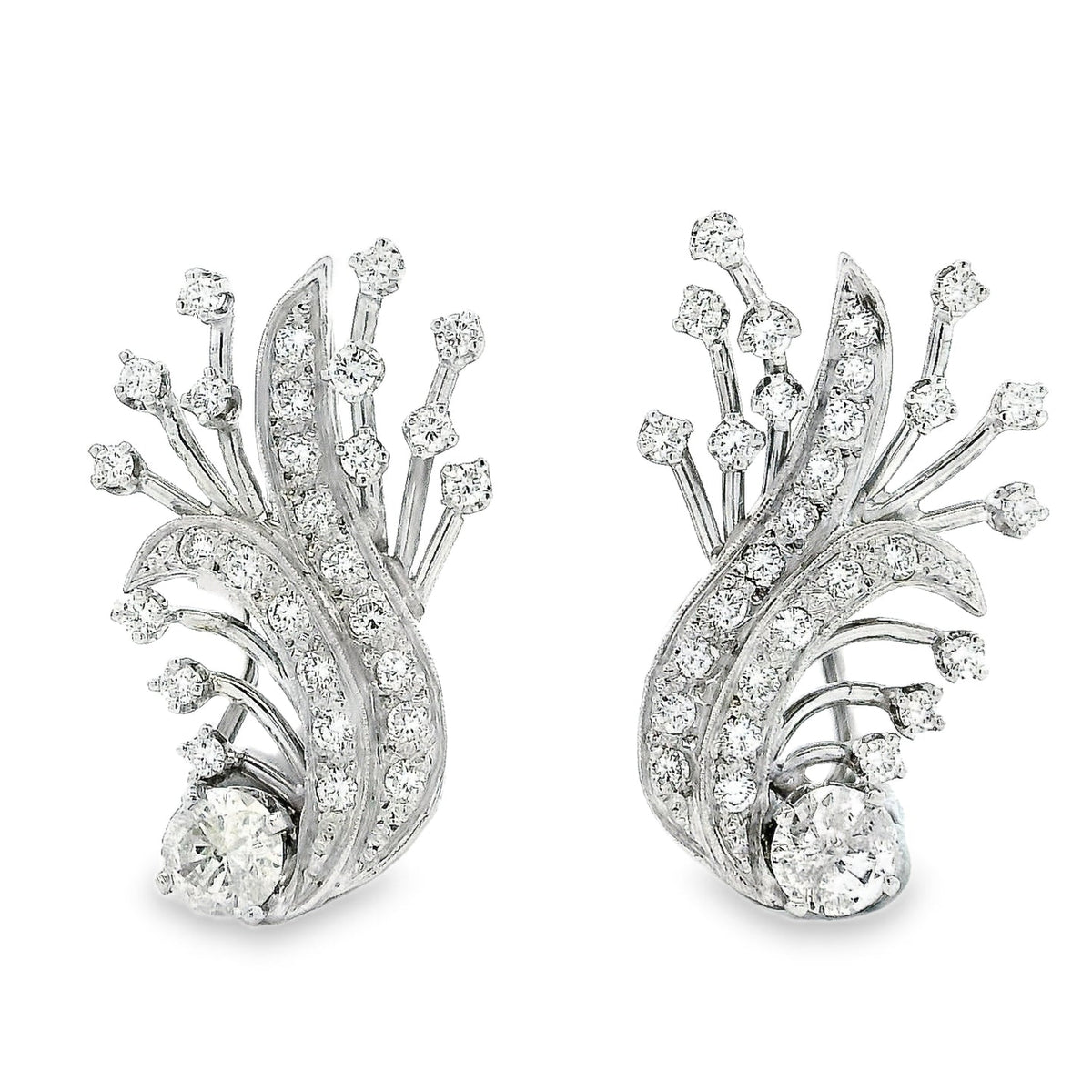 14k White Gold 2.5ctw Round Brilliant Diamond Floral Cluster Earrings — front view, pair shown