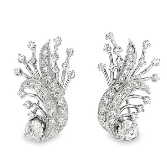 14k White Gold 2.5ctw Round Brilliant Diamond Floral Cluster Earrings — front view, pair shown