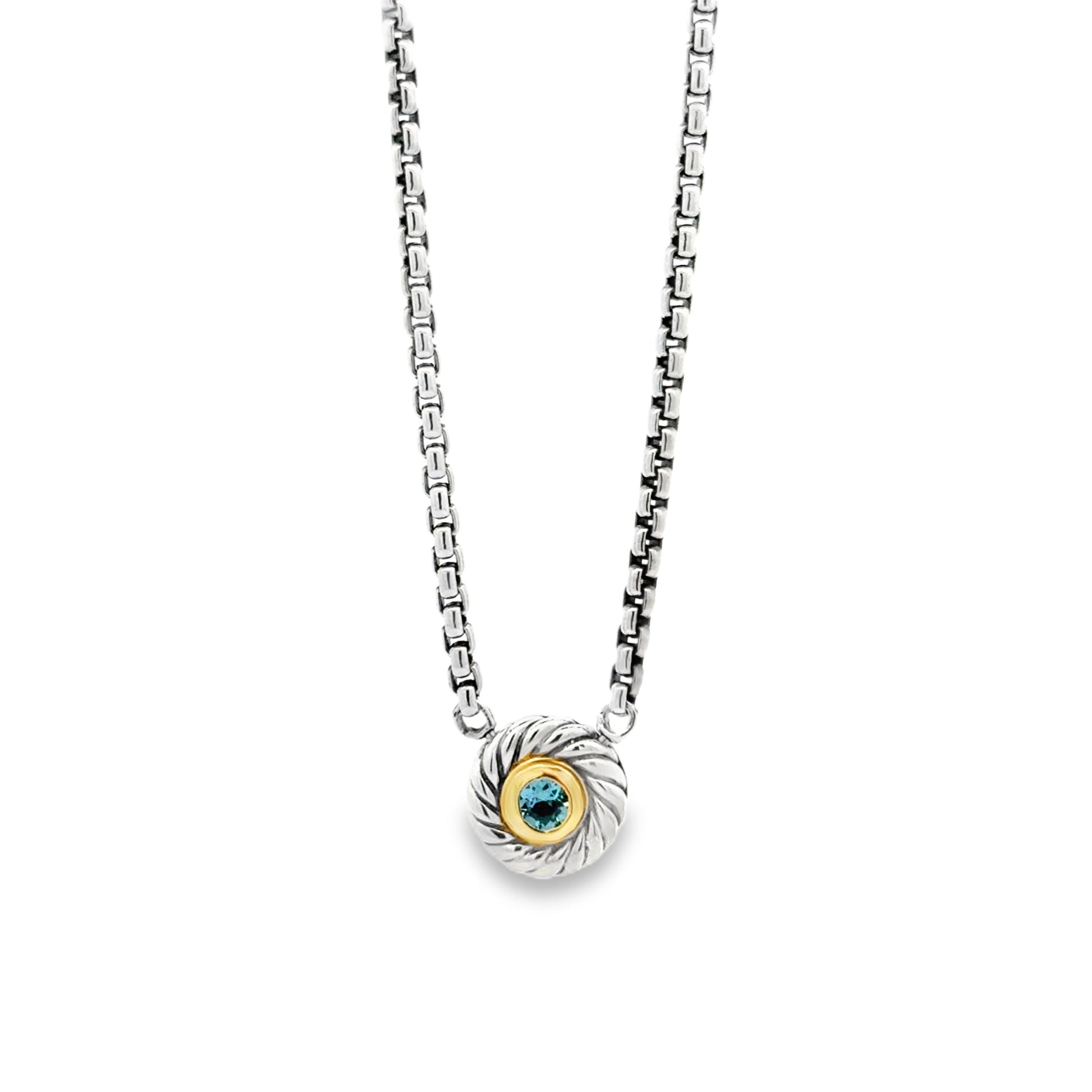 David Yurman Sterling Silver & 14k Gold Blue Topaz Classic Cable Cookie Pendant Necklace 16" — front view