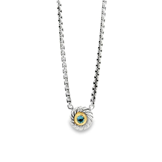 David Yurman Sterling Silver & 14k Gold Blue Topaz Classic Cable Cookie Pendant Necklace 16" — front view