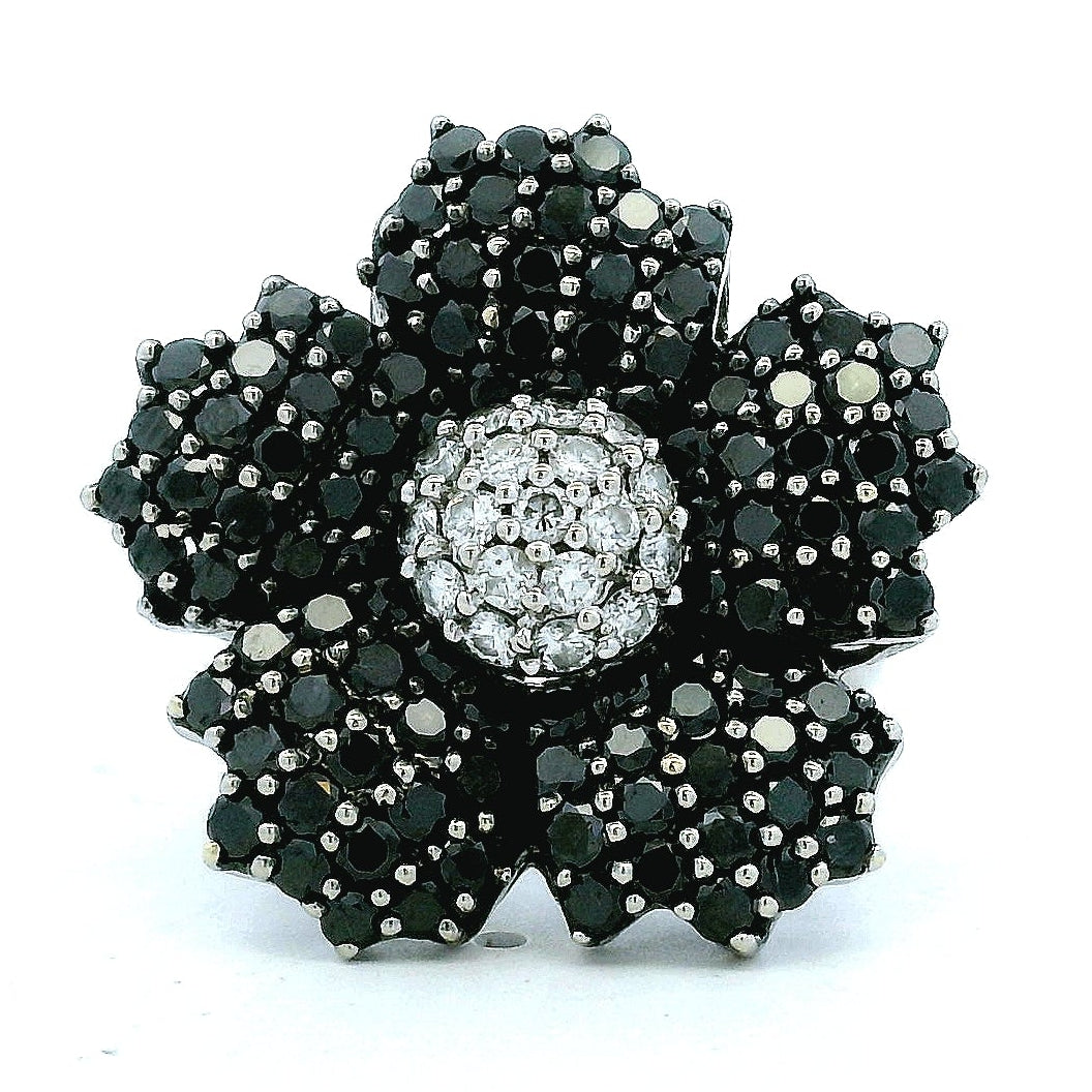 14k White Gold 1.75ctw Round Brilliant White and Black Diamond Floral Cluster Ring — top-down view