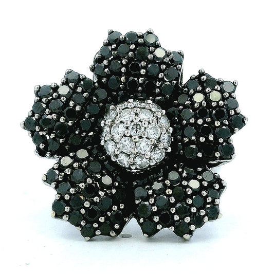 14k White Gold 1.75ctw Round Brilliant White and Black Diamond Floral Cluster Ring — top-down view