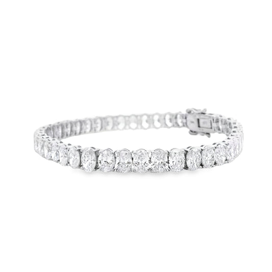 14k White Gold 17.25ctw Natural Oval Diamond Tennis Bracelet — front view, clasp closed