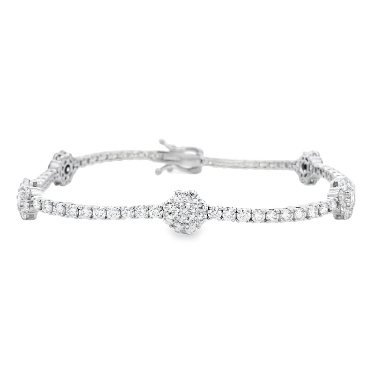 14k White Gold 4.85ctw Round Brilliant Diamond Flower Cluster Tennis Bracelet — front view, clasp closed