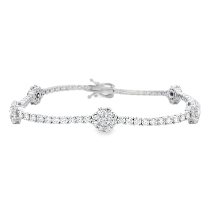 14k White Gold 4.85ctw Round Brilliant Diamond Flower Cluster Tennis Bracelet — front view, clasp closed