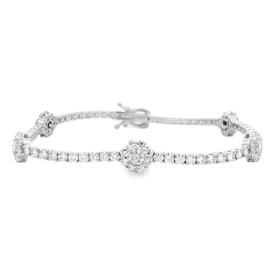 14k White Gold 4.85ctw Round Brilliant Diamond Flower Cluster Tennis Bracelet — front view, clasp closed