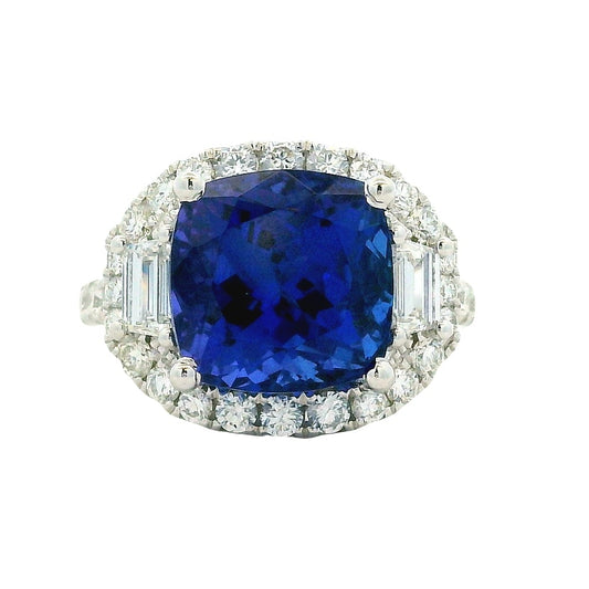 18k White Gold 8.45ct Cushion Cut Tanzanite and 1.55ctw Diamond Three-Stone Cocktail Ring — top-down view