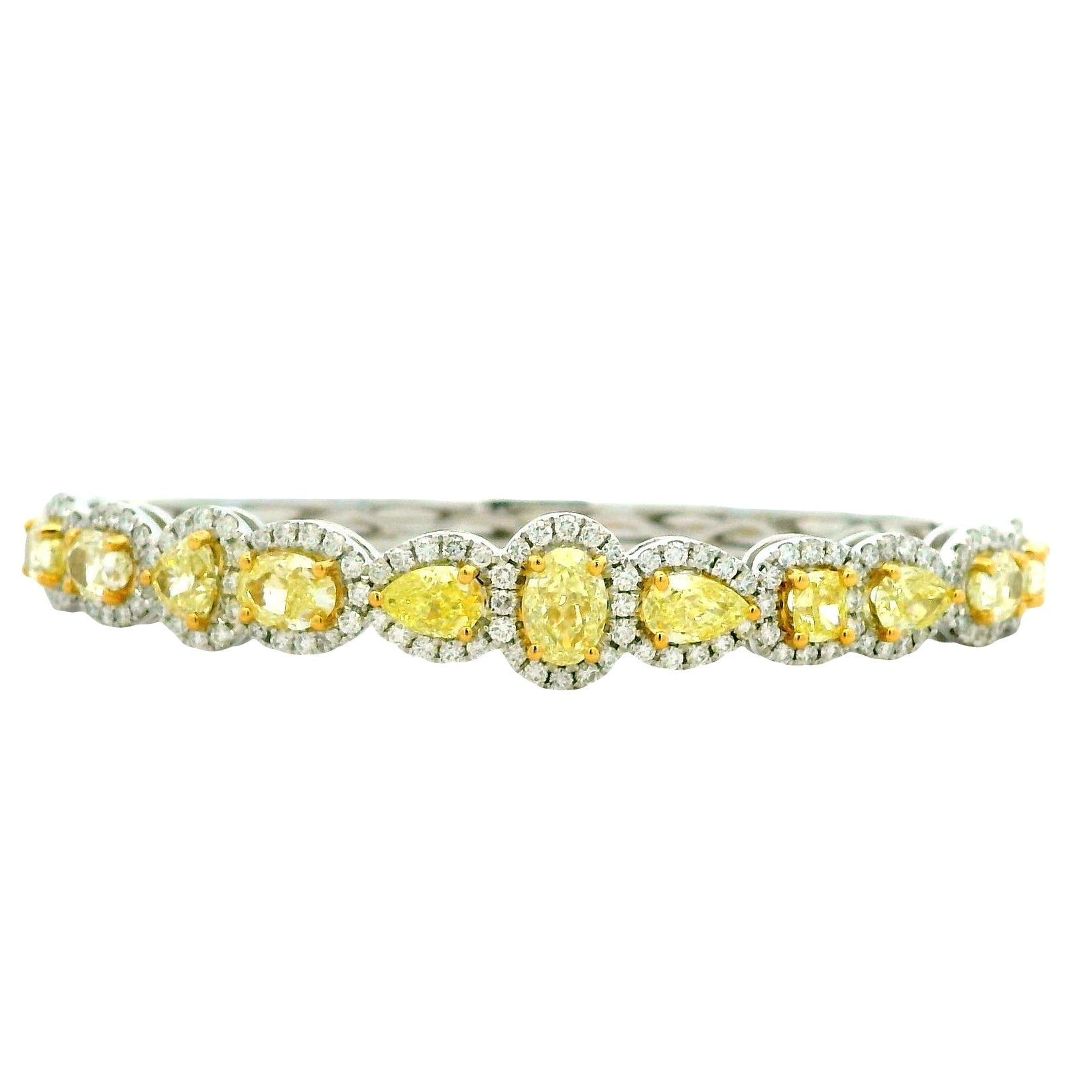 18k Two-Tone Gold 6.37ctw Multi-Shape Natural Yellow & White Diamond Bangle Bracelet — front view, clasp closed