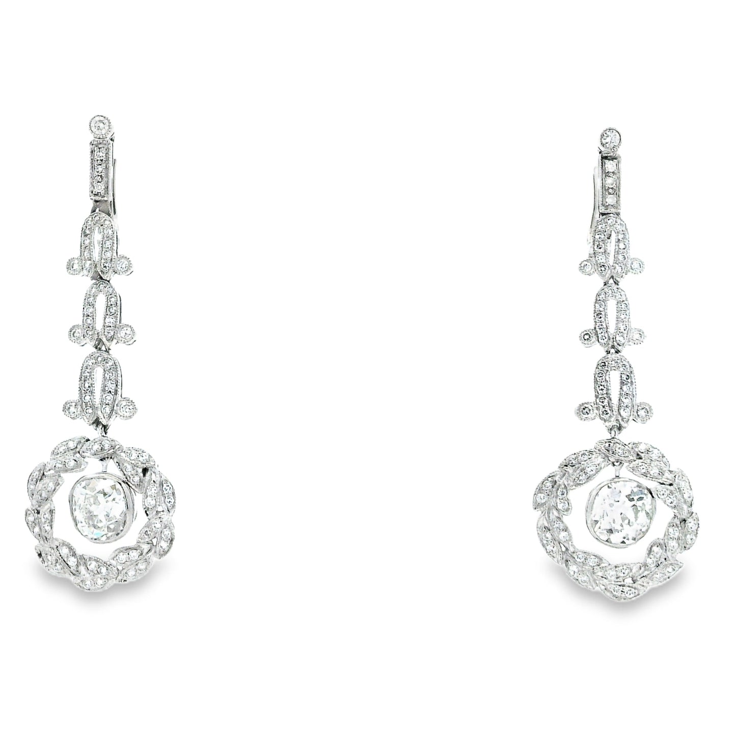 Platinum 3.88ctw Antique Cushion Cut Natural Diamond Dangle Earrings — front view, pair shown