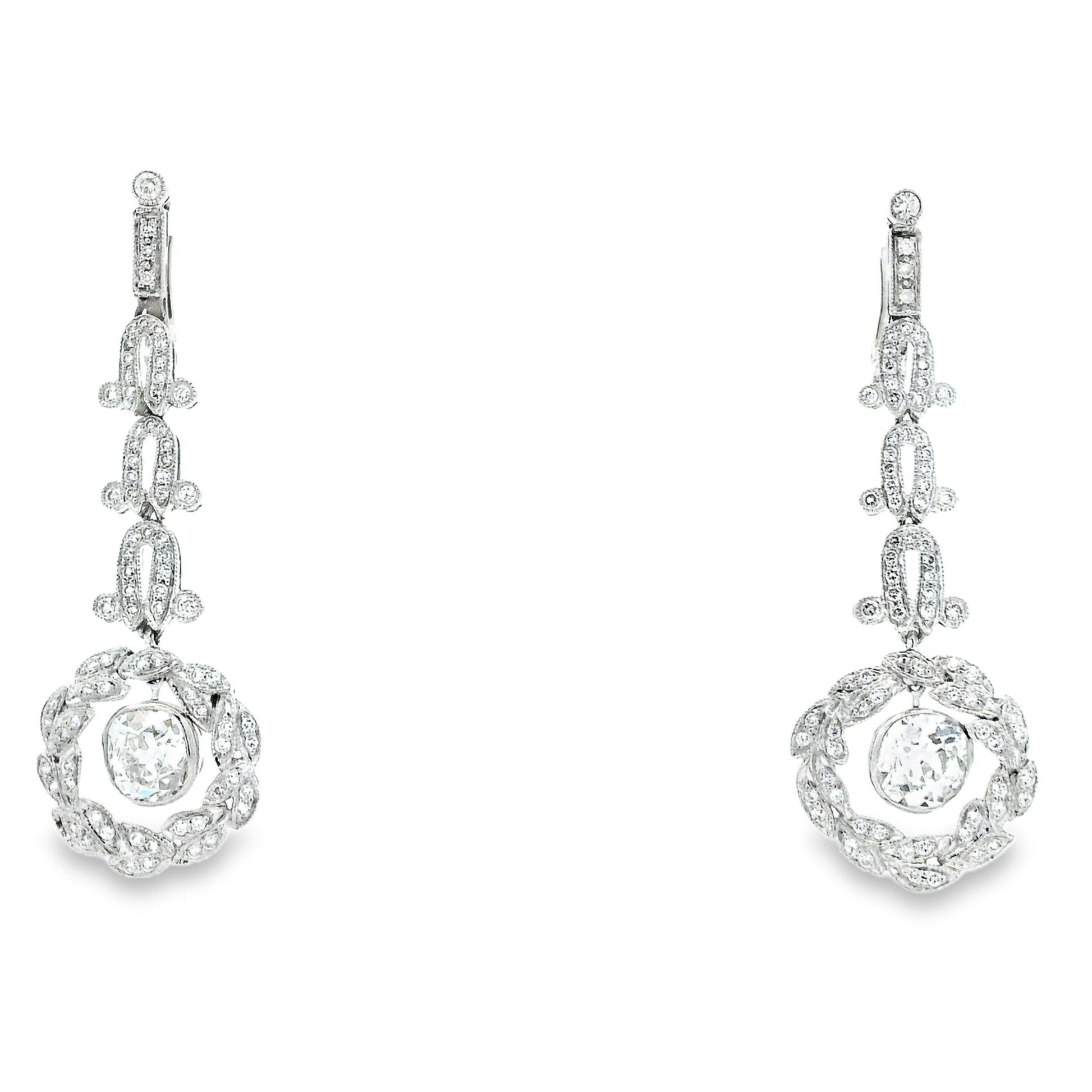 Platinum 3.88ctw Antique Cushion Cut Natural Diamond Dangle Earrings — front view, pair shown