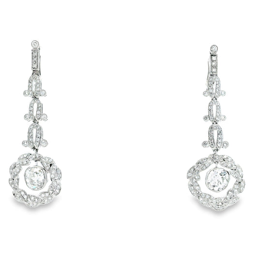 Platinum 3.88ctw Antique Cushion Cut Natural Diamond Dangle Earrings — front view, pair shown