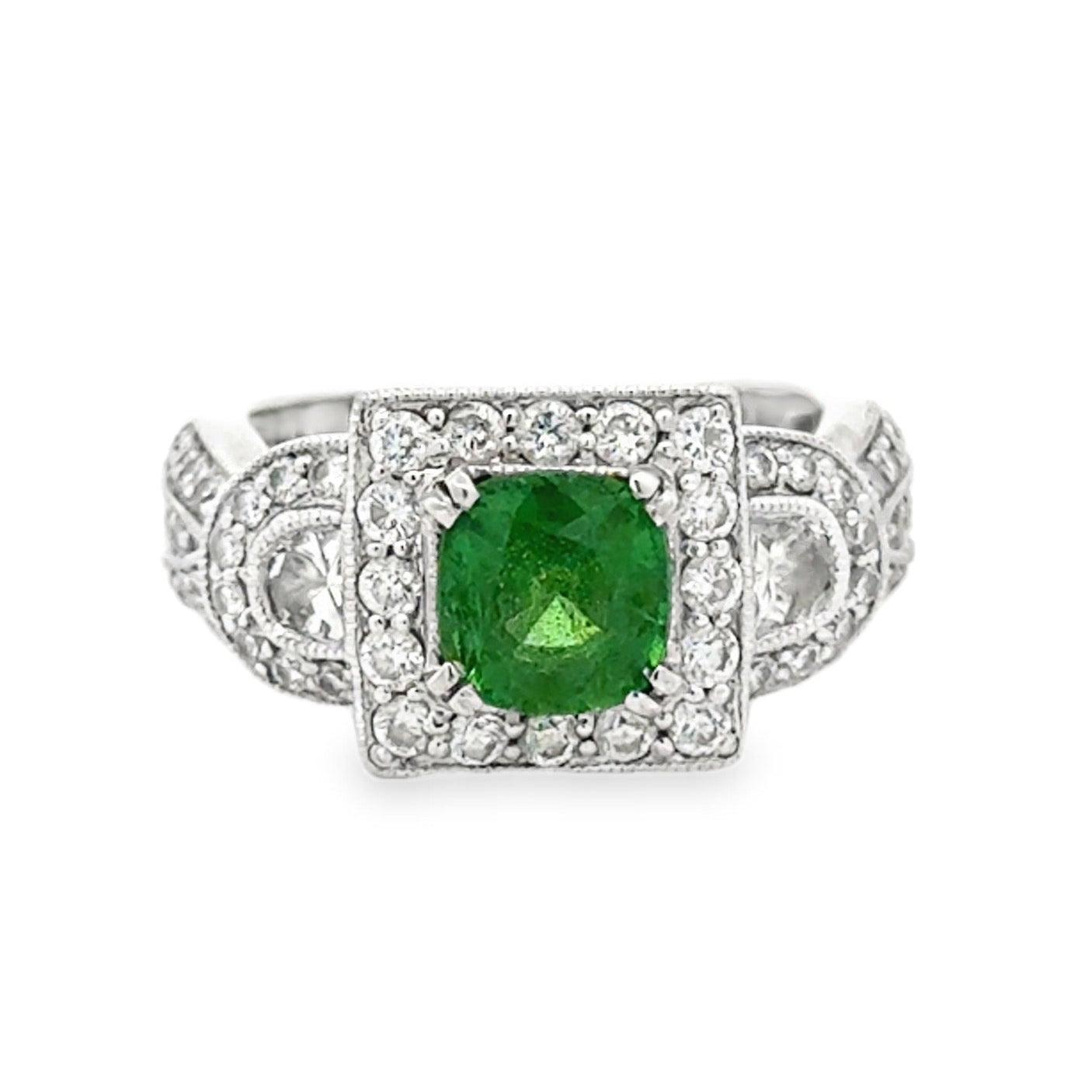 18k White Gold Green Gemstone Square Diamond Halo Cocktail Ring — top-down view