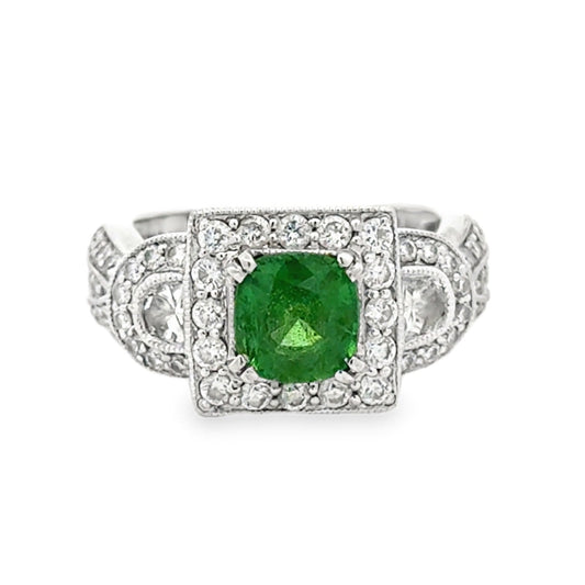 18k White Gold Green Gemstone Square Diamond Halo Cocktail Ring — top-down view