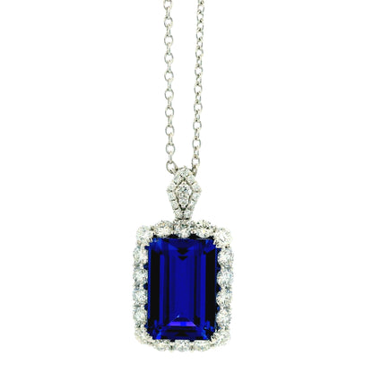 14k White Gold 13.50ct Emerald Cut Tanzanite & 2.54ctw Round Brilliant Diamond Halo Pendant Necklace — front view